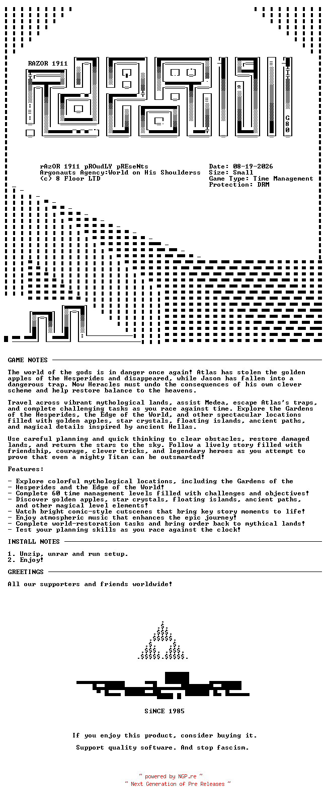 NFO for the release Argonauts_Agency_17_World_on_His_Shoulders-RAZOR by RAZOR
