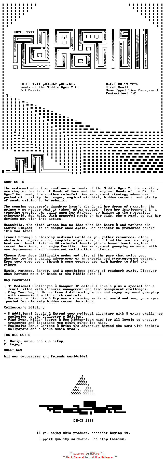 NFO for the release Roads_of_the_Middle_Ages_2_Collectors_Edition-RAZOR by RAZOR