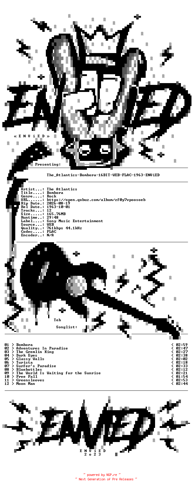 NFO for the release The_Atlantics-Bombora-16BIT-WEB-FLAC-1963-ENViED by ENViED
