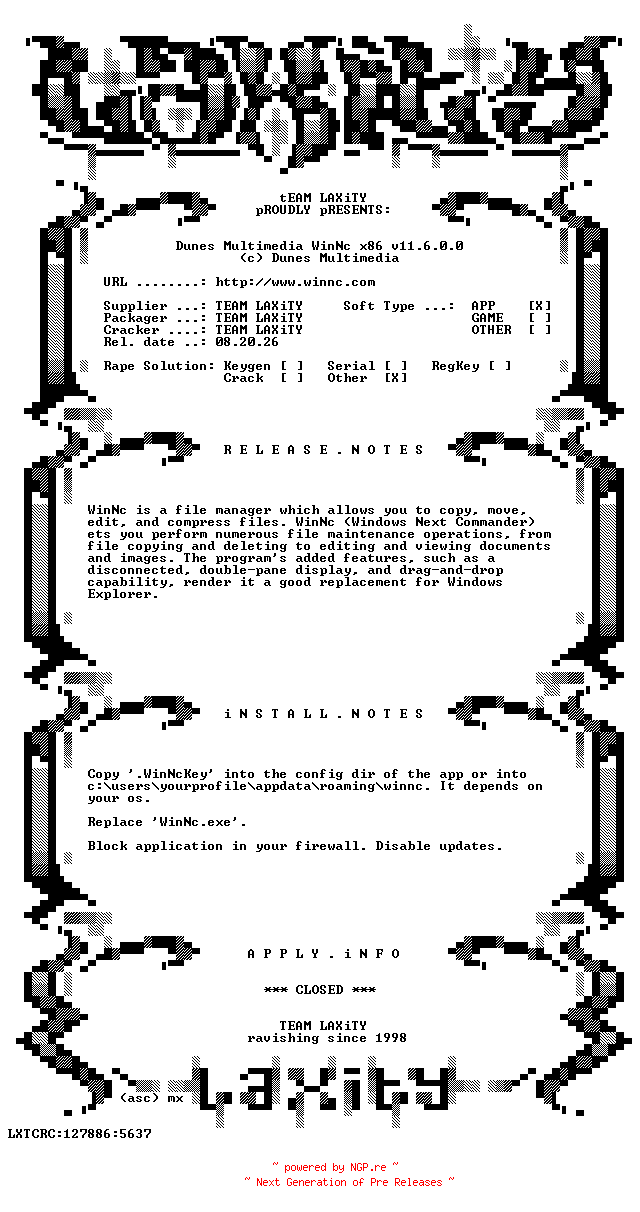 NFO for the release Dunes.Multimedia.WinNc.x86.v11.6.0.0-LAXiTY by LAXiTY