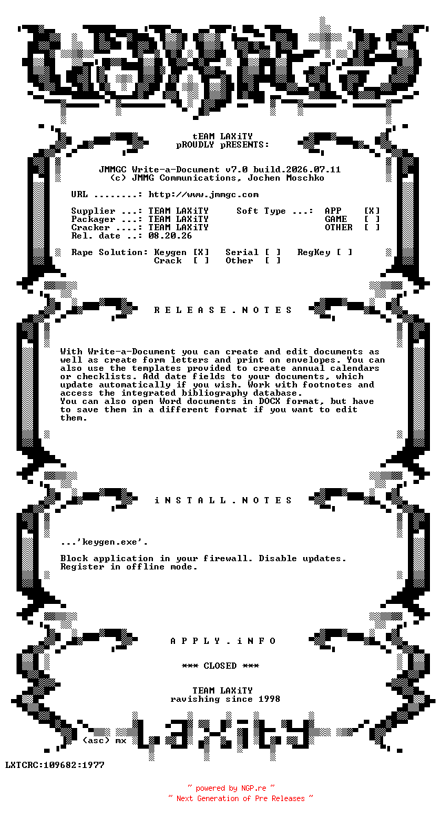 NFO for the release JMMGC.Write-a-Document.v7.0.build.2026.07.11.incl.Keygen-LAXiTY by LAXiTY
