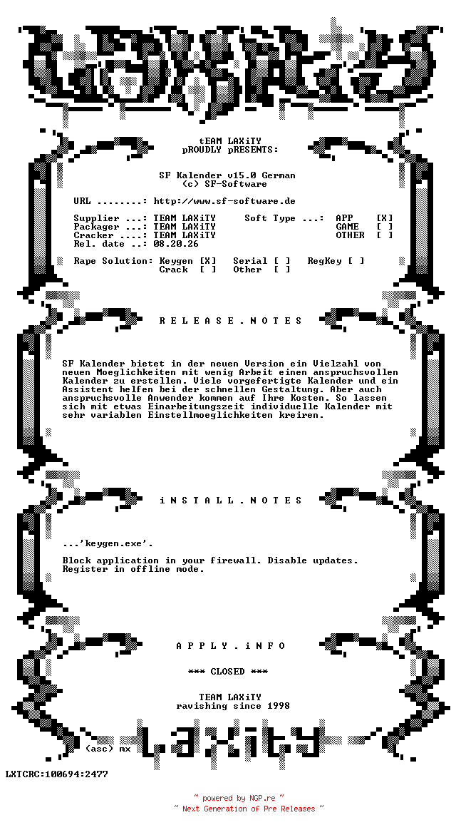 NFO for the release SF.Kalender.v15.0.German.Keygen.only-LAXiTY by LAXiTY