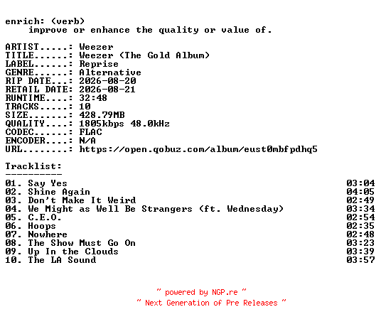 NFO for the release Weezer-Weezer_(The_Gold_Album)-24BIT-WEB-FLAC-2026-ENRiCH by ENRiCH