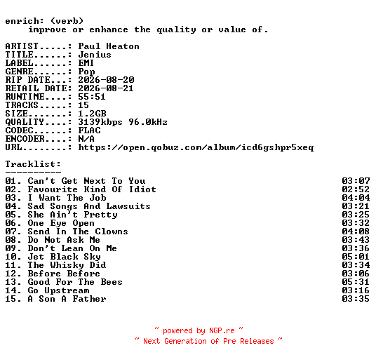NFO for the release Paul_Heaton-Jenius-24BIT-WEB-FLAC-2026-ENRiCH by ENRiCH