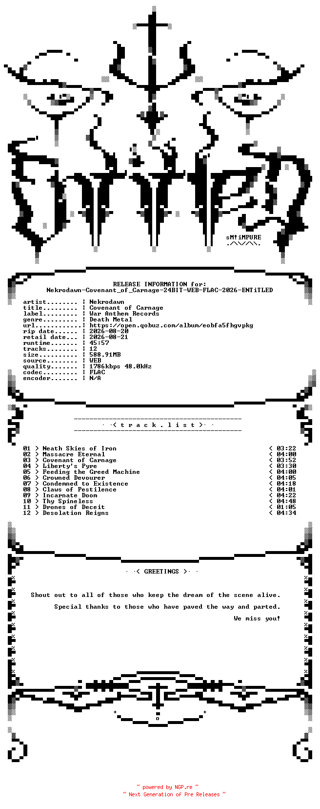 NFO for the release Nekrodawn-Covenant_of_Carnage-24BIT-WEB-FLAC-2026-ENTiTLED by ENTiTLED
