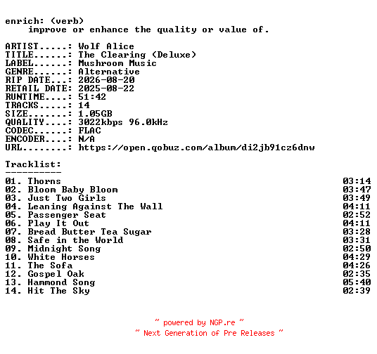 NFO for the release Wolf_Alice-The_Clearing_(Deluxe)-24BIT-WEB-FLAC-2026-ENRiCH by ENRiCH