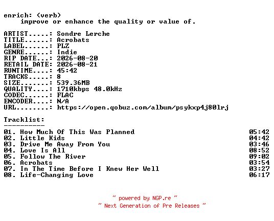 NFO for the release Sondre_Lerche-Acrobats-24BIT-WEB-FLAC-2026-ENRiCH by ENRiCH