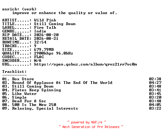 NFO for the release Wild_Pink-Still_Coming_Down-24BIT-WEB-FLAC-2026-ENRiCH by ENRiCH