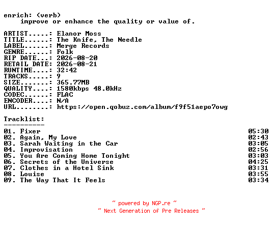 NFO for the release Elanor_Moss-The_Knife_The_Needle-24BIT-WEB-FLAC-2026-ENRiCH by ENRiCH