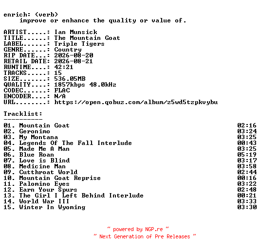 NFO for the release Ian_Munsick-The_Mountain_Goat-24BIT-WEB-FLAC-2026-ENRiCH by ENRiCH