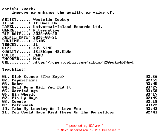 NFO for the release Westside_Cowboy-It_Goes_On-24BIT-WEB-FLAC-2026-ENRiCH by ENRiCH