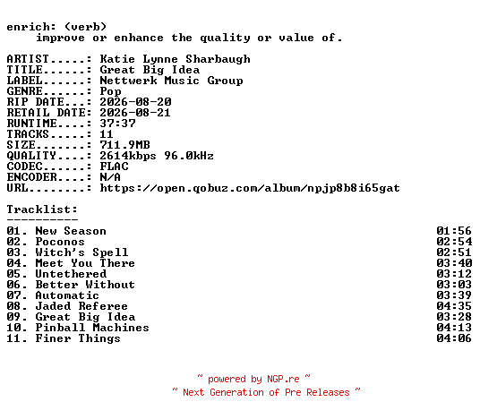 NFO for the release Katie_Lynne_Sharbaugh-Great_Big_Idea-24BIT-WEB-FLAC-2026-ENRiCH by ENRiCH
