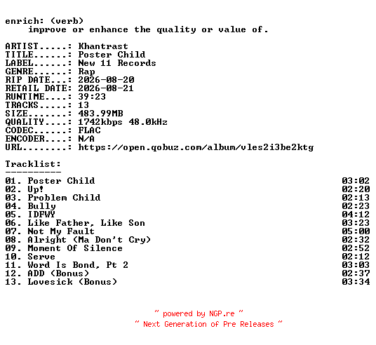NFO for the release Khantrast-Poster_Child-24BIT-WEB-FLAC-2026-ENRiCH by ENRiCH
