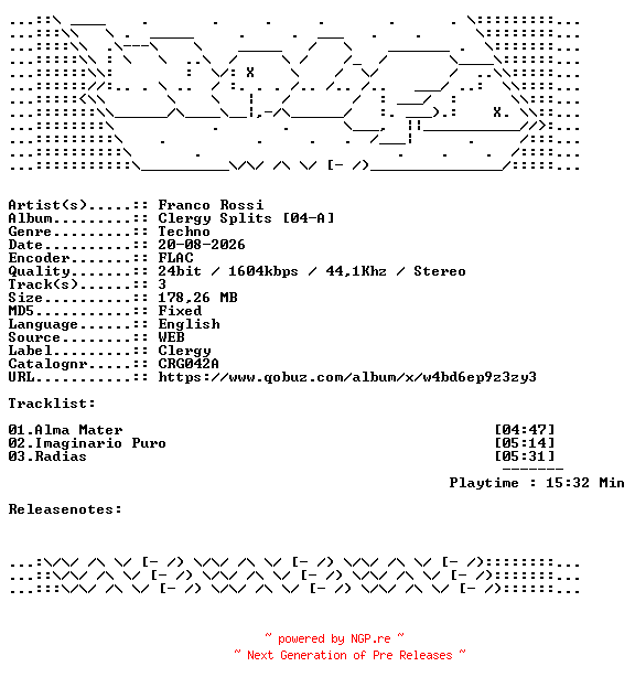 NFO for the release Franco_Rossi-Clergy_Splits_04-A-CRG042A-24BIT-WEB-FLAC-2026-WAVED by WAVED