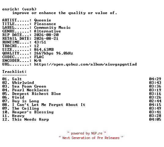 NFO for the release Queenie-Pleasance-24BIT-WEB-FLAC-2026-ENRiCH by ENRiCH