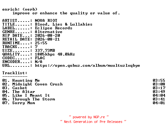 NFO for the release NOVA_RIOT-Blood_Lies_and_Lullabies-24BIT-WEB-FLAC-2026-ENRiCH by ENRiCH
