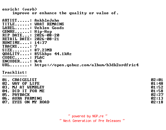 NFO for the release AnkhleJohn-WHAT_REMAINS-16BIT-WEB-FLAC-2026-ENRiCH by ENRiCH