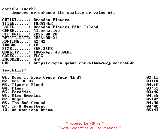 NFO for the release Brandon_Flowers-THRASHER-24BIT-WEB-FLAC-2026-ENRiCH by ENRiCH