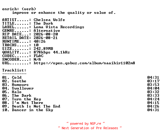 NFO for the release Chelsea_Wolfe-The_Dark-16BIT-WEB-FLAC-2026-ENRiCH by ENRiCH
