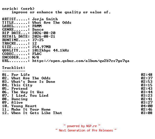 NFO for the release Jorja_Smith-What_Are_The_Odds-16BIT-WEB-FLAC-2026-ENRiCH by ENRiCH