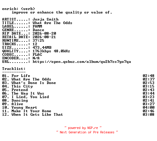 NFO for the release Jorja_Smith-What_Are_The_Odds-24BIT-WEB-FLAC-2026-ENRiCH by ENRiCH