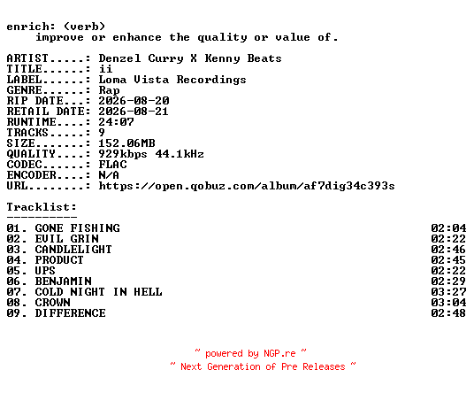 NFO for the release Denzel_Curry_X_Kenny_Beats-ii-16BIT-WEB-FLAC-2026-ENRiCH by ENRiCH