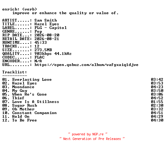 NFO for the release Sam_Smith-Hazel_Eyes-16BIT-WEB-FLAC-2026-ENRiCH by ENRiCH