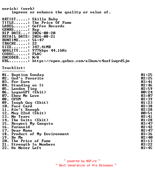 NFO for the release Skilla_Baby-The_Price_Of_Fame-16BIT-WEB-FLAC-2026-ENRiCH by ENRiCH