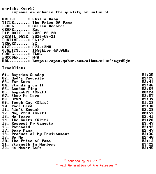 NFO for the release Skilla_Baby-The_Price_Of_Fame-24BIT-WEB-FLAC-2026-ENRiCH by ENRiCH