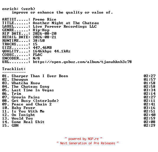 NFO for the release Premo_Rice-Another_Night_at_The_Chateau-24BIT-WEB-FLAC-2026-ENRiCH by ENRiCH
