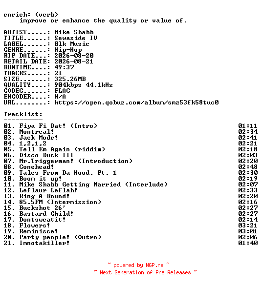 NFO for the release Mike_Shabb-Sewaside_IV-16BIT-WEB-FLAC-2026-ENRiCH by ENRiCH