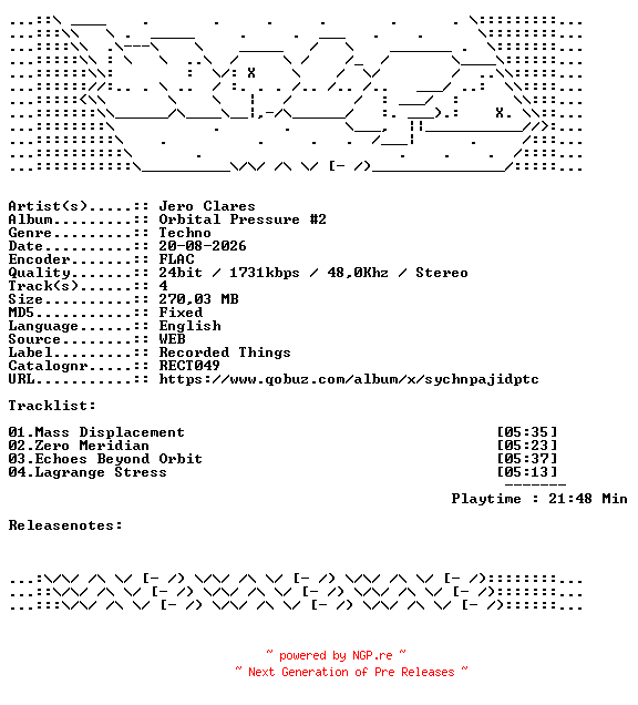 NFO for the release Jero_Clares-Orbital_Pressure_2-RECT049-24BIT-WEB-FLAC-2026-WAVED by WAVED