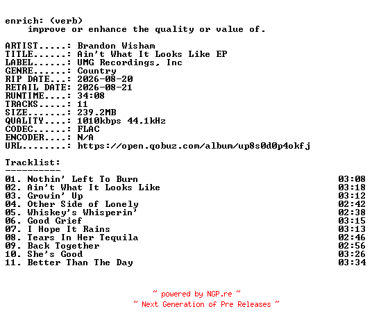 NFO for the release Brandon_Wisham-Aint_What_It_Looks_Like_EP-16BIT-WEB-FLAC-2026-ENRiCH by ENRiCH