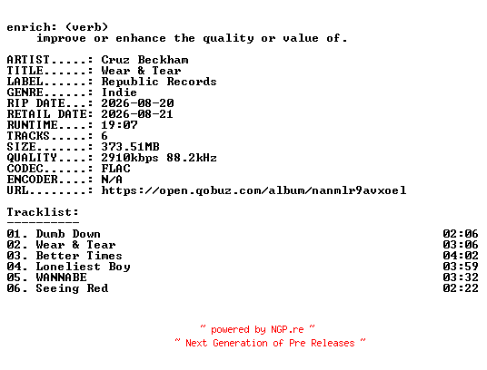 NFO for the release Cruz_Beckham-Wear_and_Tear-EP-24BIT-WEB-FLAC-2026-ENRiCH by ENRiCH