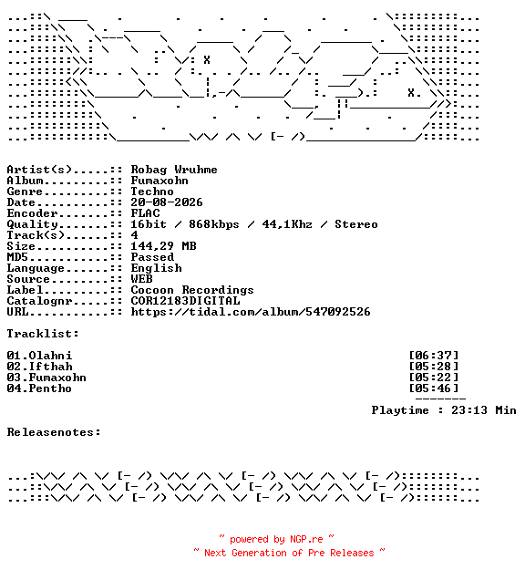 NFO for the release Robag_Wruhme-Fumaxohn-COR12183DIGITAL-16BIT-WEB-FLAC-2026-WAVED by WAVED