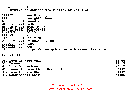 NFO for the release Ken_Pomeroy-Tonights_News-EP-16BIT-WEB-FLAC-2026-ENRiCH by ENRiCH