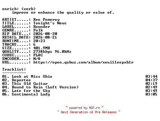 NFO for the release Ken_Pomeroy-Tonights_News-EP-24BIT-WEB-FLAC-2026-ENRiCH by ENRiCH