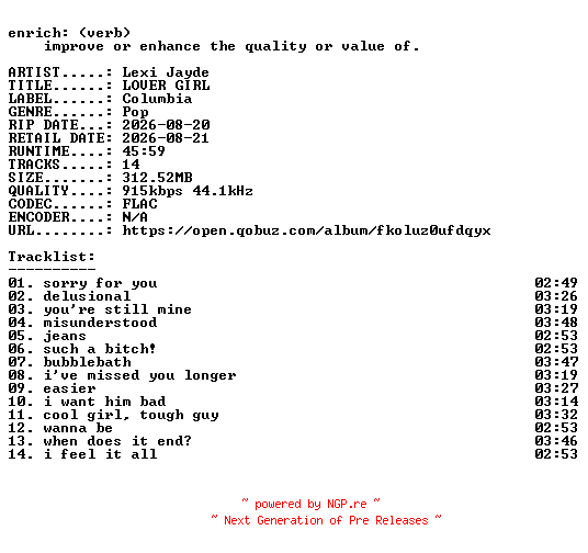 NFO for the release Lexi_Jayde-LOVER_GIRL-16BIT-WEB-FLAC-2026-ENRiCH by ENRiCH