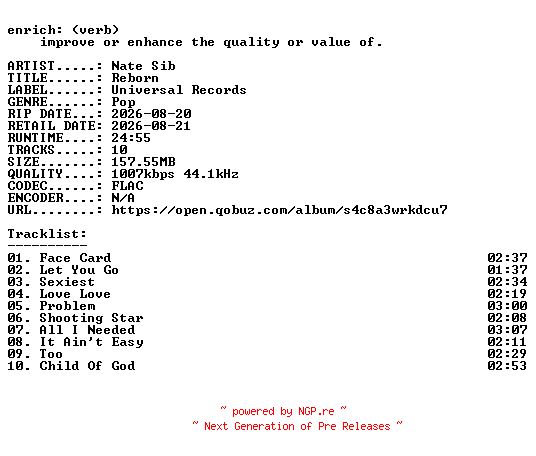 NFO for the release Nate_Sib-Reborn-16BIT-WEB-FLAC-2026-ENRiCH by ENRiCH