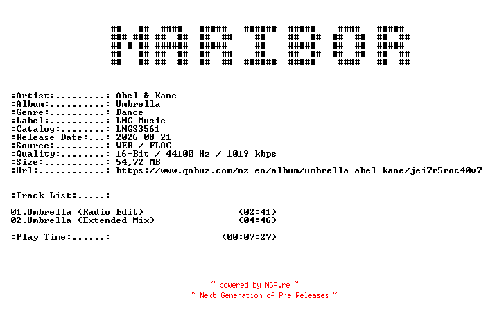 NFO for the release Abel_and_Kane-Umbrella-(LNGS3561)-16BIT-WEB-FLAC-2026-MARiBOR by MARiBOR