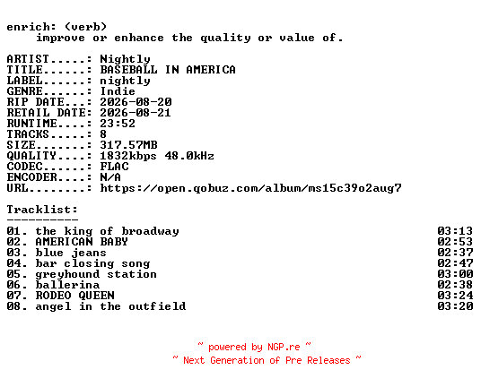 NFO for the release Nightly-BASEBALL_IN_AMERICA-24BIT-WEB-FLAC-2026-ENRiCH by ENRiCH