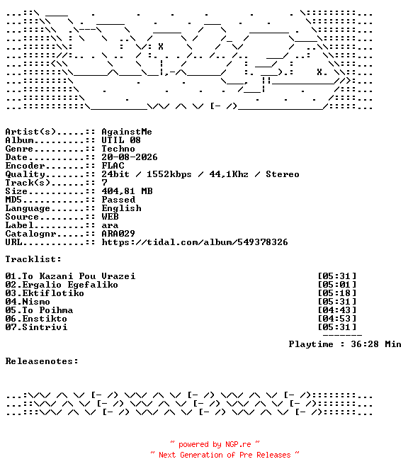 NFO for the release AgainstMe-UTIL_08-ARA029-24BIT-WEB-FLAC-2026-WAVED by WAVED