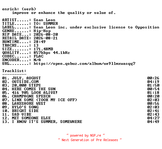 NFO for the release Sean_Leon-TO_SUMMER-16BIT-WEB-FLAC-2026-ENRiCH by ENRiCH