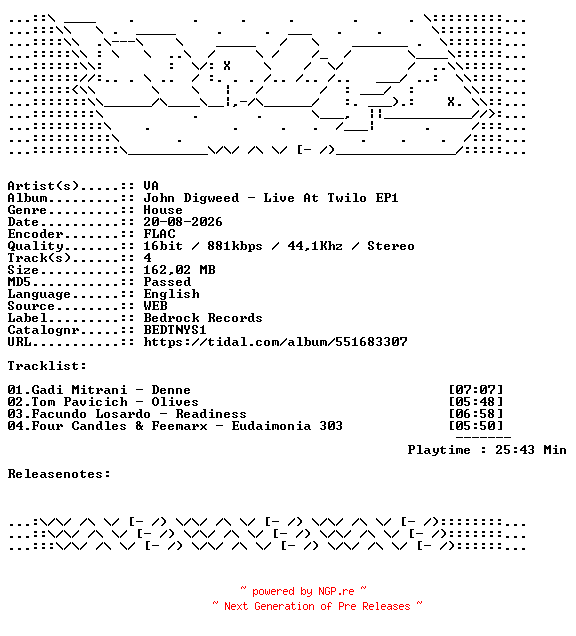 NFO for the release VA-John_Digweed__Live_At_Twilo_EP1-BEDTNYS1-16BIT-WEB-FLAC-2026-WAVED by WAVED
