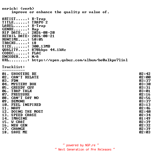 NFO for the release K-Trap-TRAPO_2-16BIT-WEB-FLAC-2026-ENRiCH by ENRiCH