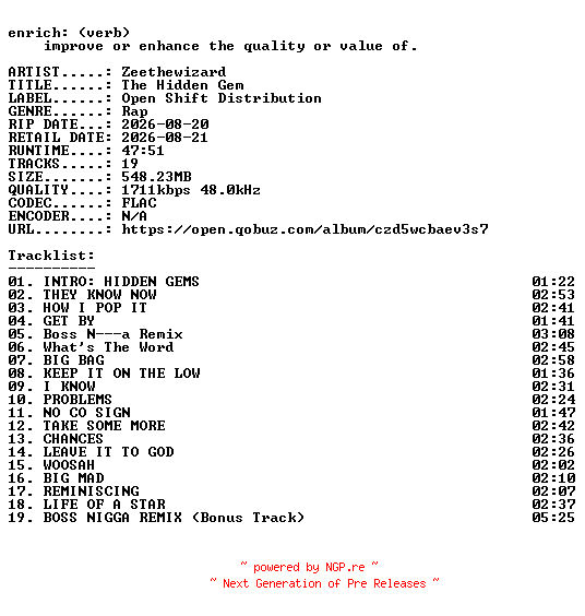NFO for the release Zeethewizard-The_Hidden_Gem-24BIT-WEB-FLAC-2026-ENRiCH by ENRiCH