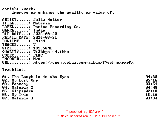 NFO for the release Julia_Holter-Materia-16BIT-WEB-FLAC-2026-ENRiCH by ENRiCH