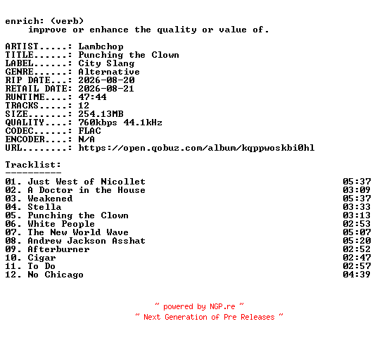 NFO for the release Lambchop-Punching_the_Clown-16BIT-WEB-FLAC-2026-ENRiCH by ENRiCH