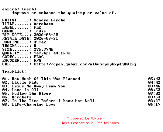 NFO for the release Sondre_Lerche-Acrobats-16BIT-WEB-FLAC-2026-ENRiCH by ENRiCH