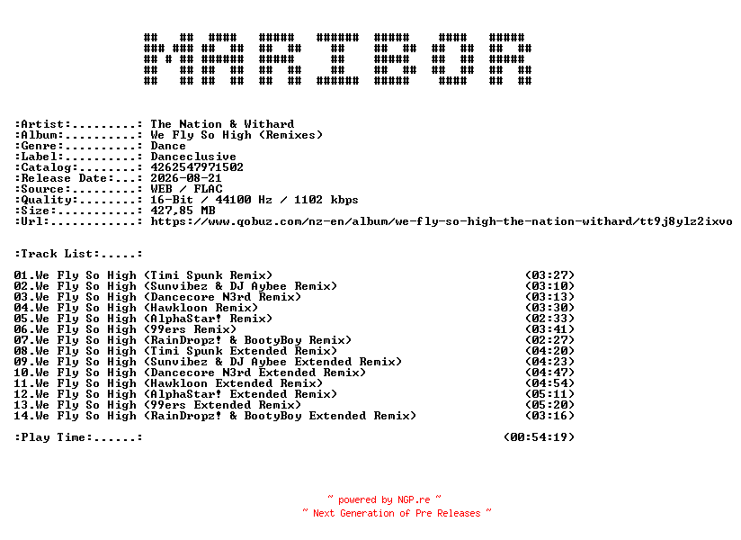 NFO for the release The_Nation_and_Withard-We_Fly_So_High_(Remixes)-16BIT-WEB-FLAC-2026-MARiBOR by MARiBOR